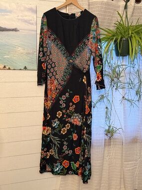 Johnny Was Freya Black Maxi Dress with Multicolor Floral Patchwork Size Large